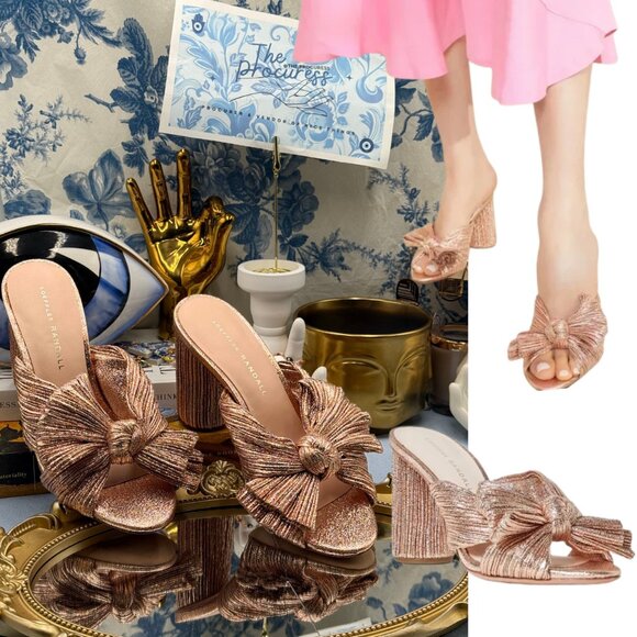 🆕 LOEFFLER RANDALL 🧿 NWOB Penny Metallic Rose Gold Pleated Bow Mule Heel, Sz 7 - Picture 1 of 14